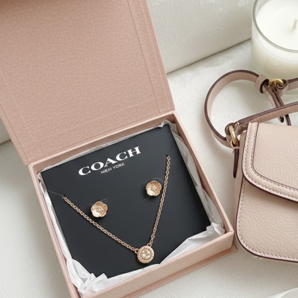 Coach Rose Gold Open Circle Necklace & Tea Rose Stud Earring Set NWT - Picture 7 of 8